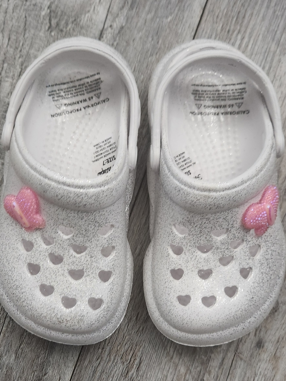 First Steps White Glitter Kids Slip-On Clogs with Pink Butterfly Accent